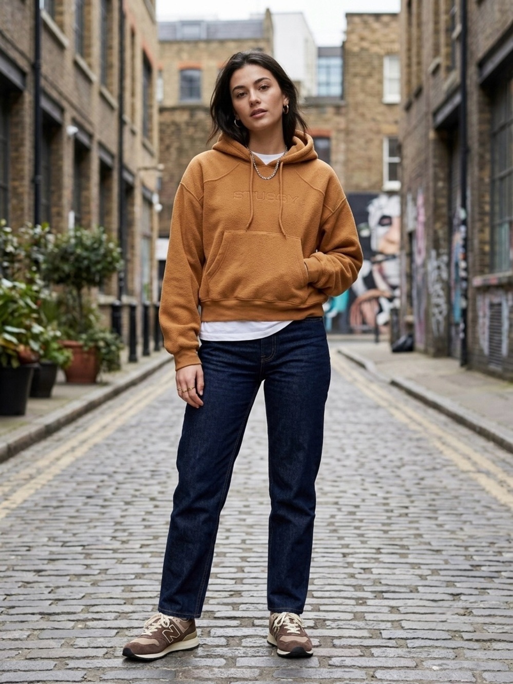 Stussy Embroidered Fleece Pullover Hoodie Womens XS Camel Tan Brown Streetwear